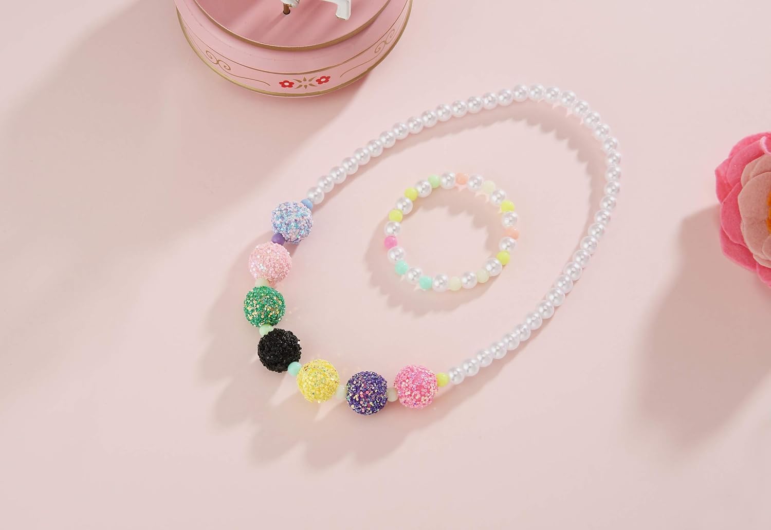 PinkSheep Kids Beaded Necklace and Bracelet 3 Sets, Wool Bead Bling Beads, Little Girls Jewelry: Toys & Games