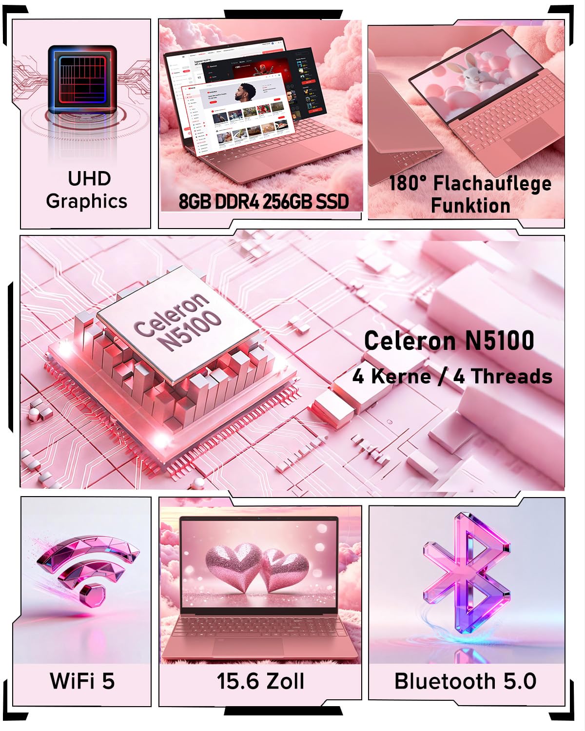 Molegar 2026 Laptop Computer Notebook,15.6" IPS FHD Display,Celeron N5100(Beats N4120/5205U CPU),WiFi5,BT5.0,USB3.0,Beleuchtete Tastatur,Fingerprint für Business Home Office und Studenten 2