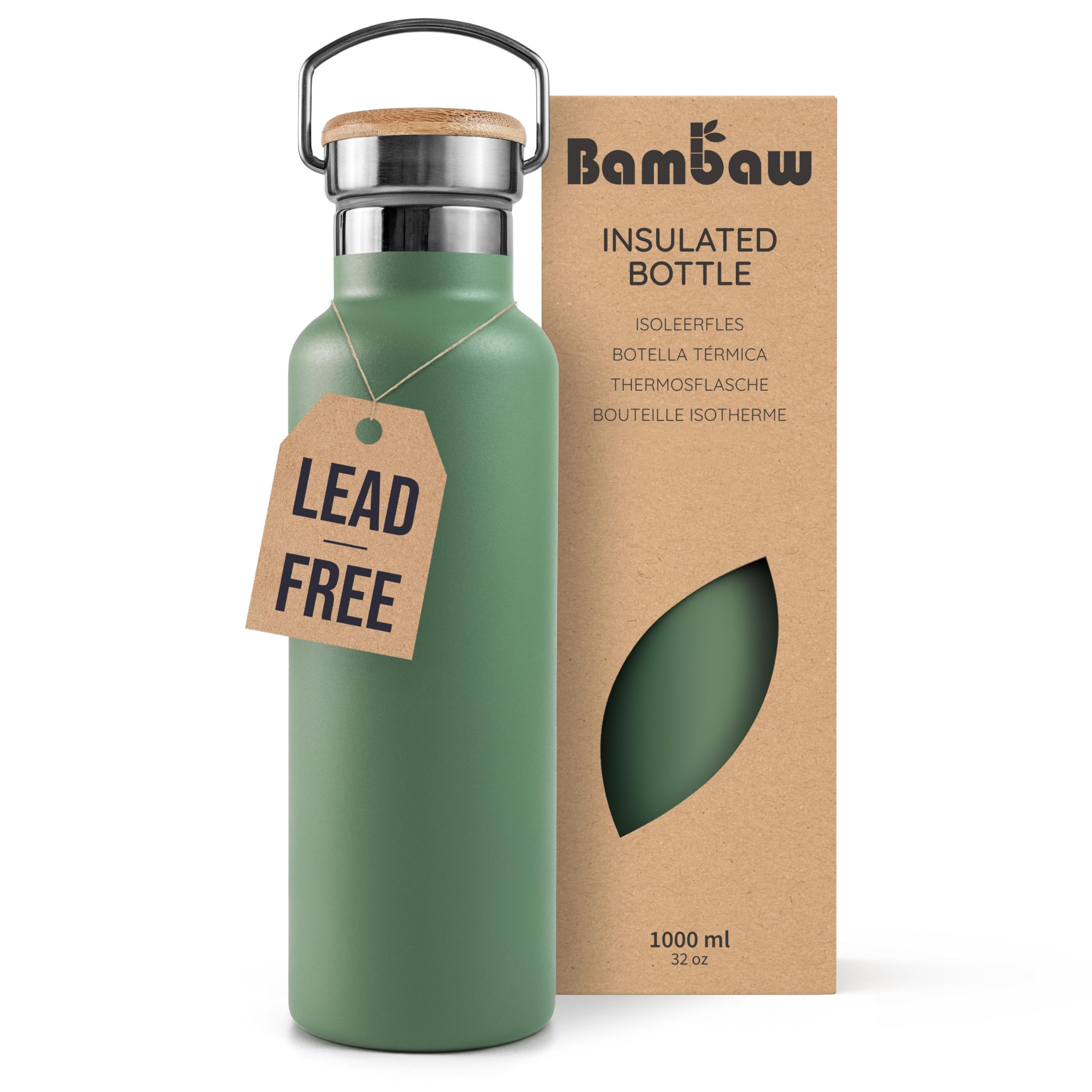Bambaw Stainless Steel Insulated Water Bottles 1 Litre, Reusable Metal Water Bottle 1l, Durable & Rust-Resistant, Wide Mouth Fits Tea Infuser, Easy to Clean for School, Gym or Sport (Sage Green)