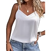 Ekouaer Women's Lace Silk Satin Pajama Tank Tops V Neck Camisole Soft Spaghetti Strap Tops Loose Sleepwear S-3XL