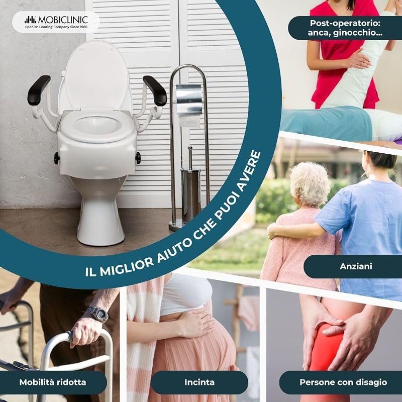 ®, Rialzo per wc Anziani, Tajo, Braccioli pieghevoli, Persone disabili, Coperchio, Regolabile in 3 altezze, Bidet, Inclinabile, Ausili, Bianco