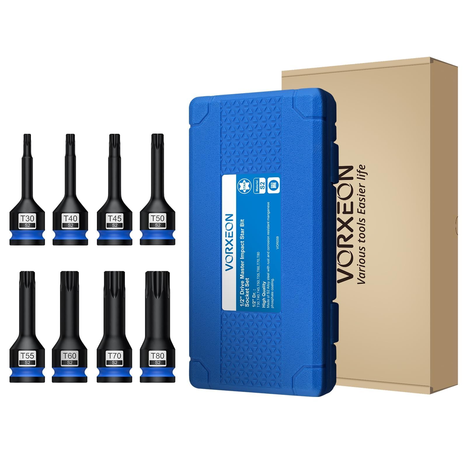 VORXEON 8-teiliges 1/2 Torx-Steckschlüssel-Set en S2 Stahl s*per Hard T30 T40 T45 T50 T55 T60 T70 T80 1/2 Drive Impact Star Bit Steckschlüssel-Set mit Aufbewahrungskoffer für elektrische 6