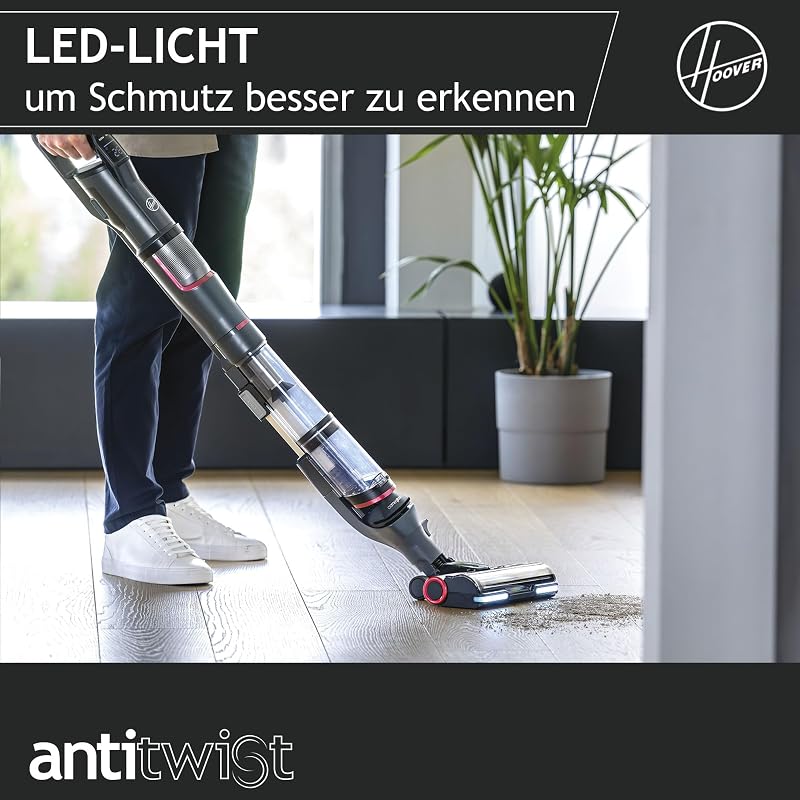 HFX Akku Staubsauger mit LED-Licht, bis 120 m² saugen I Staubsauger kabellos mit Corner Genie™ zum Reinigen von Ecken & Kanten I mit Anti-Twist gegen Verheddern eingesaugter Haare [HFX10H]
