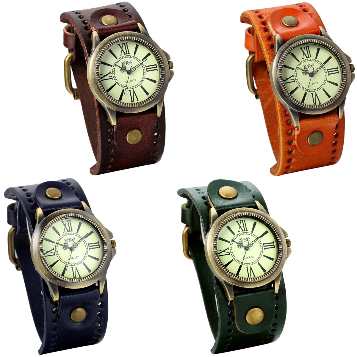 JewelryWe Lot of 4 Wholesale Vintage Leather Strap Wide Band Wristwatch Cuff Quartz Watches for Men