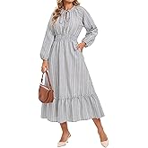 Ystguic Women's Boho Midi Dress Striped Tie V Neck Smocked Empire Waist Long Sleeve with Pockets
