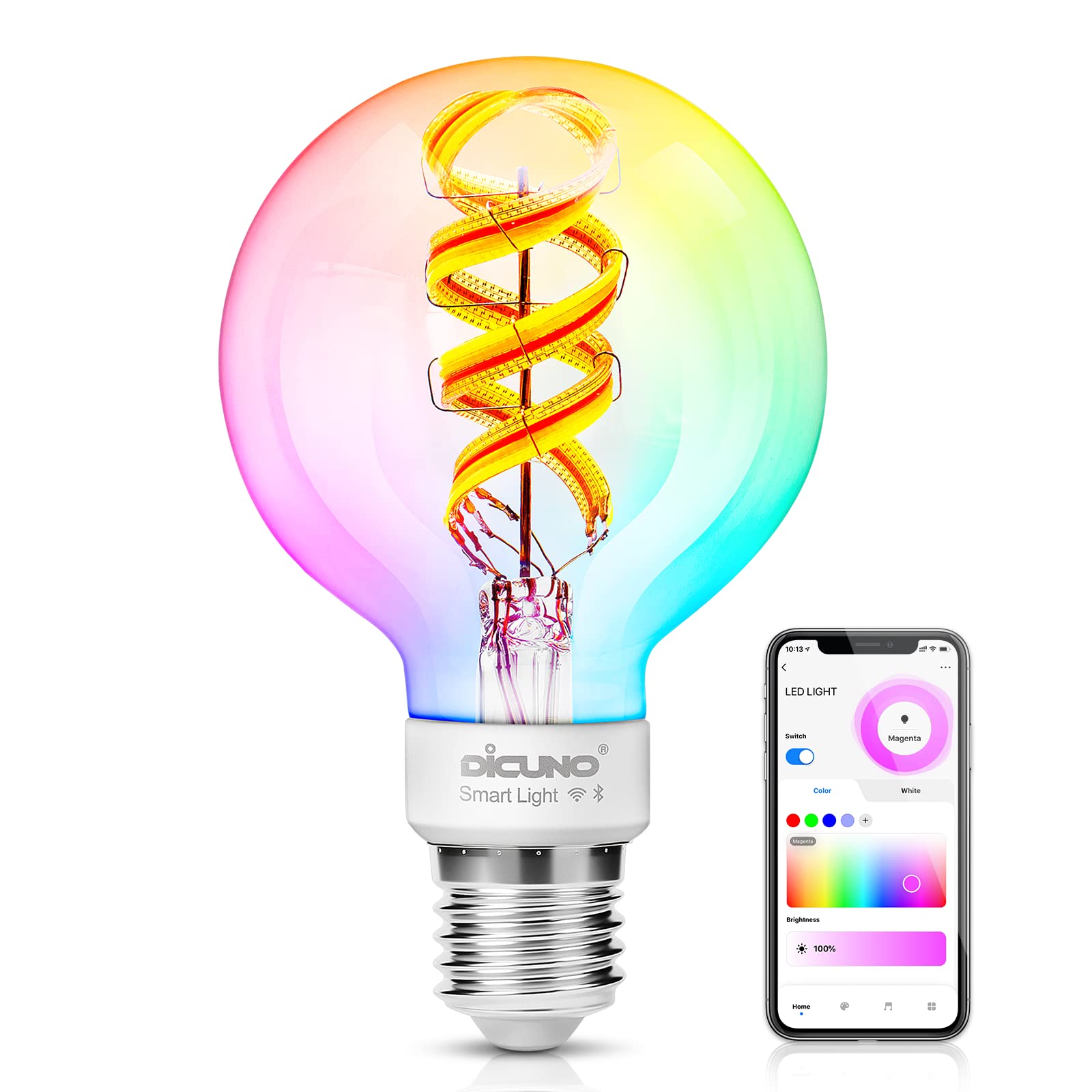 DiCUNO Smart Bulb Filament Giant Globe LED E27, 5W Dimmable Edison Screw E27 Light, 450LM, Squirrel Cage, 2700-6500K, No Hub Required, Compatible with Alexa, Google Home, 1 Pcs