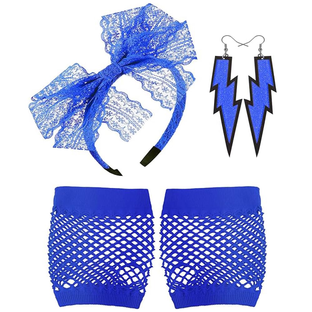 mefound 80s Fancy Dress Costume Accessories Set 1980s Fancy Party Costume Set for Women Lace Headband Earrings Fishnet Gloves 80s Retro Party