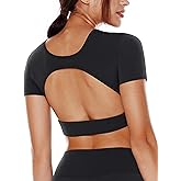ENERBLOOM Open Back Workout Crop Tops for Women Backless Yoga Shirts Gym Short Sleeve Mild Support Compression Tee with Bra