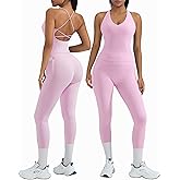 OMKAGI 2 Piece Workout Sets for Women Padded Workout Tops Booty Leggings with Pockets Gym Sets