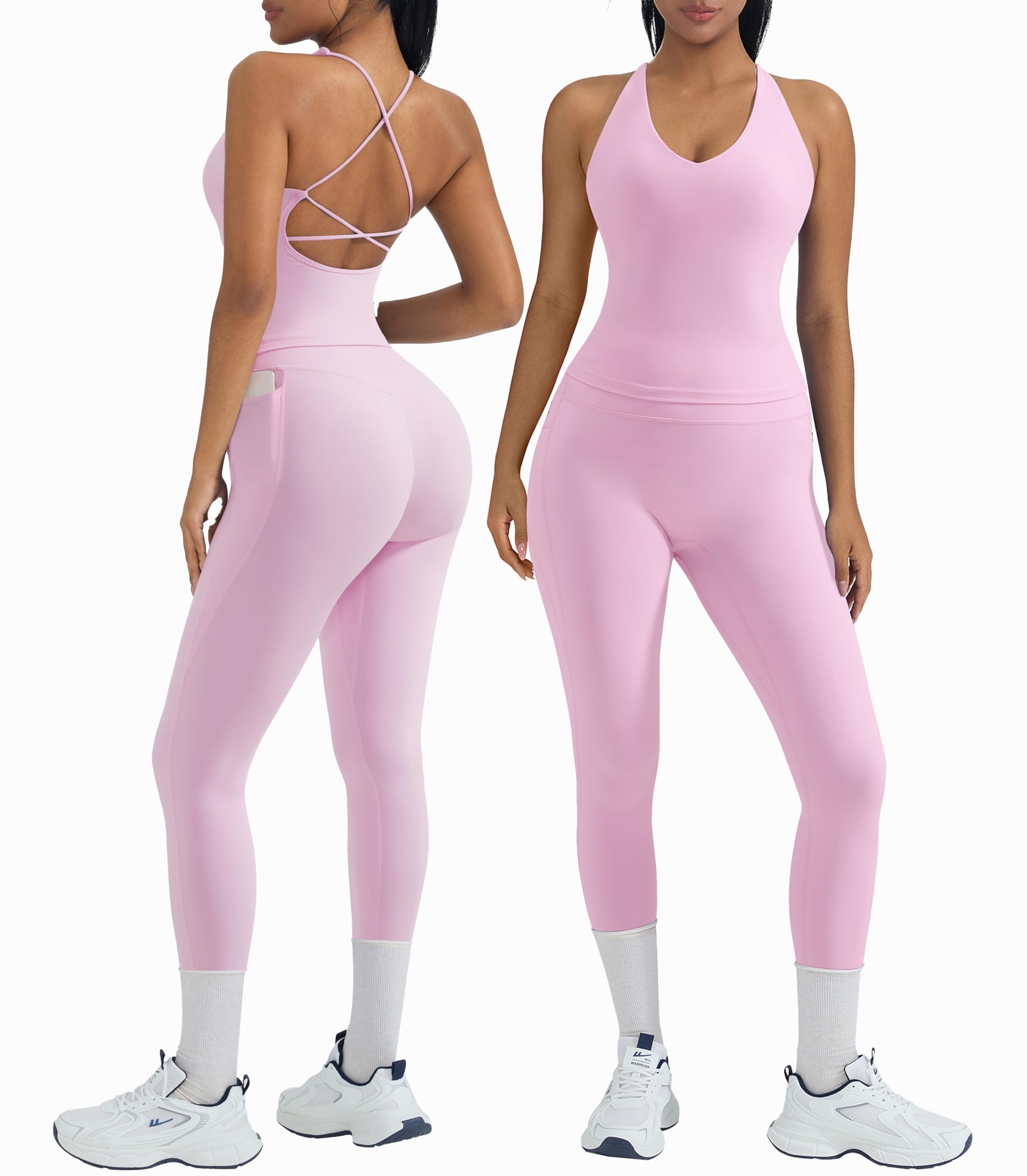 Photo 1 of OMKAGI 2 Piece Workout Sets for Women Padded Workout Tops Booty Leggings with Pockets Gym Sets (S,445-Light Pink)
