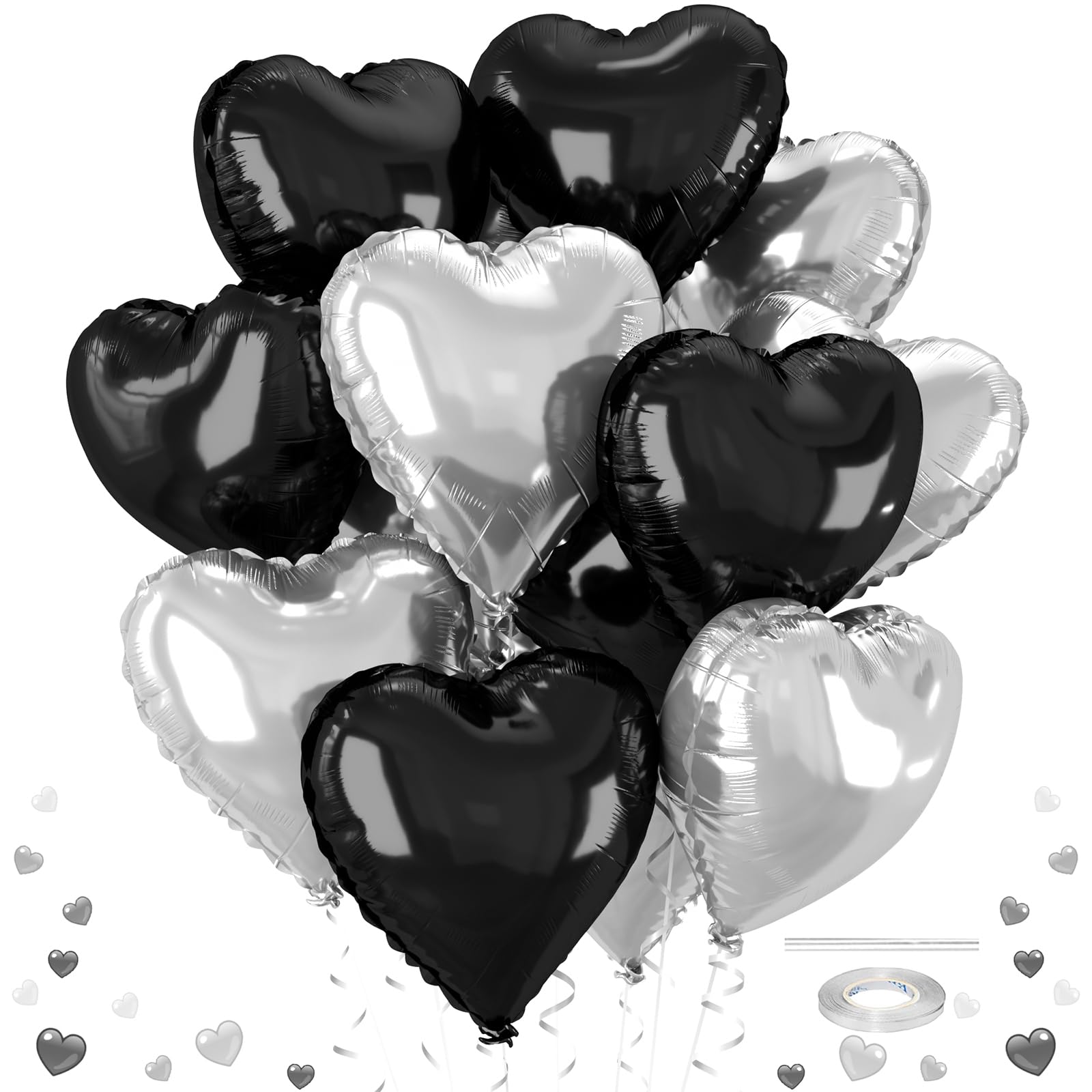 Photo 1 of 12 Pcs Heart Balloons, 18 inch Black Silver Heart Shaped Balloon, Big Helium Foil Black Silver Balloons for Wedding Baby Shower Anniversary Backdrop Valentine Party Decoration