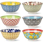 Porcelain Soup Cereal Bowls Set - Ceramic Bowls for Kitchen 23 oz - 6 Colorful Patterned Cute Bowl Sets - 6 Inch Deep Bowls for Oatmeal | Oat | Noodle | Breakfast - Dishwasher and Microwave Safe