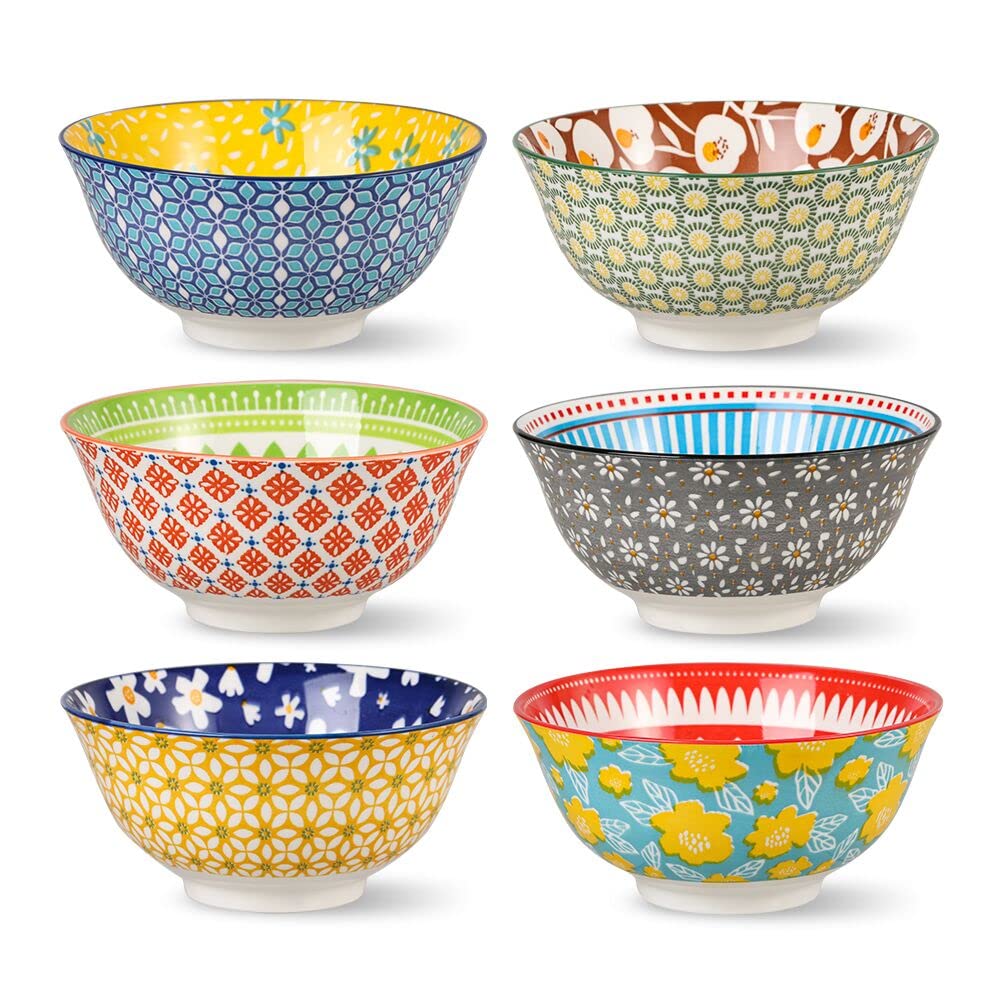 Batitie Porcelain Soup Cereal Bowls Set - 6 Deep Ceramic Bowls for Kitchen - 23 oz for Oatmeal | Oat | Noodle | Breakfast - Colorful Patterned Dish Set - Microwave | Dishwasher Safe - 6 Inch