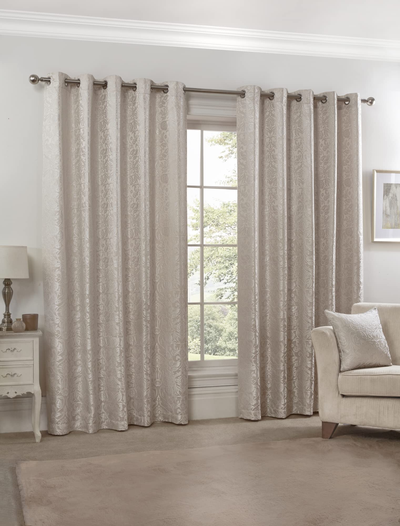 Emma Barclay – Fully Lined Curtains for Bedroom Living Room Jacquard Eyelet Two Panel Damask Curtains Eden Collection (46” x 72” Inch)(Cream)
