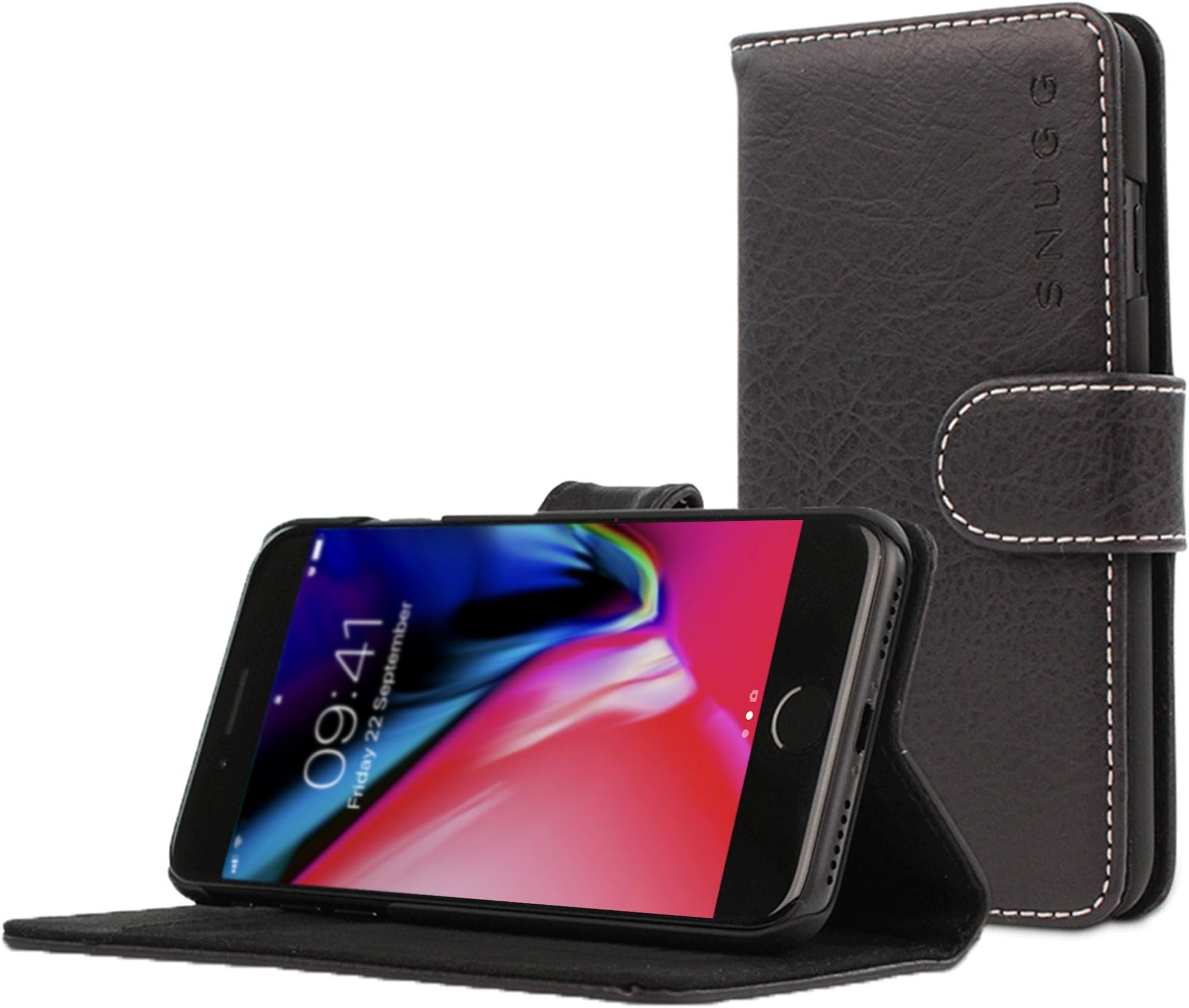 Snugg iPhone SE (2020) / 8/7 Wallet Case – Leather Card Case Wallet with Handy Stand Feature – Legacy Series Flip Phone Case Cover in Blackest Black