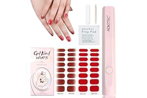 Aokitec UV Light with Semi Cured Gel Nail Strips - 32pcs Gel Nail Wraps(2 * 16pcs), Long Lasting, Adhesive Strips with mini UV LED Lamp for DIY manicure, Red Series
