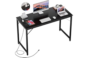 iSunirm 47 Inch Computer Desk with Magic Power Outlets, Modern Office Desk with USB Charging Ports, Sturdy Student Writing Desk, Simple Laptop PC Gaming Table for Bedroom Workstation, Black