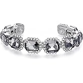 BriLove Women's Wedding Bridal Multi Emerald Cut Crystal Open Bangle Stretch Bracelet