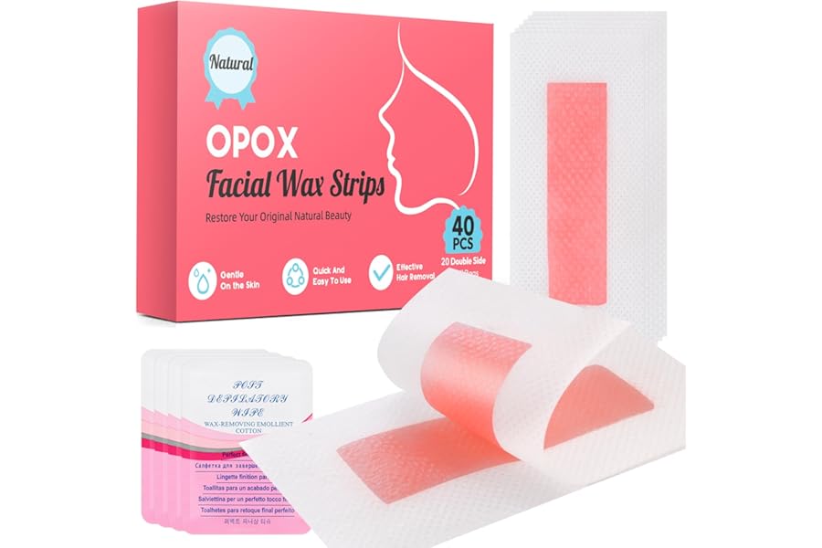 OPOX 40PCS Facial Wax Strips for Hair Removal, Facial Hair Removal for Women, Waxing Kit for Women’s Face, Bikini, Chest, Body, Arms, Legs, Back | 40ct Waxing Strips & 4 calming Oil Wipes