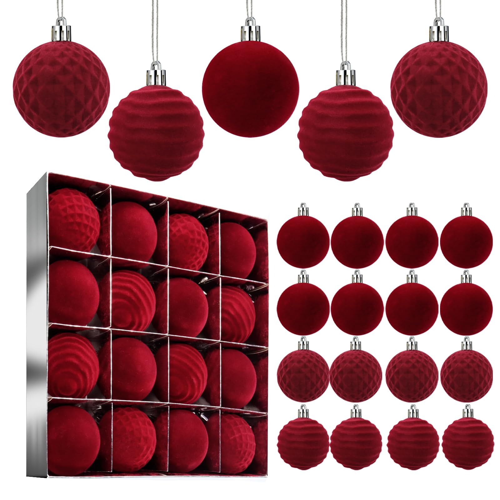 Photo 1 of 2.36 Inch 16 Pcs Velvet Flocked Christmas Ball Ornaments, Shatterproof Hanging Christmas Tree Decorations for Holiday Home Party Decor(Burgundy)