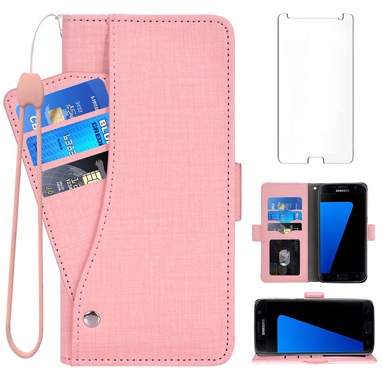 Asuwish Compatible with Samsung Galaxy S7 Wallet Case Tempered Glass Screen Protector and Flip Cover Card Holder Stand Cell Accessories Phone Cases for Glaxay S 7 7s GS7 SM-G930V G930A Women Men Pink