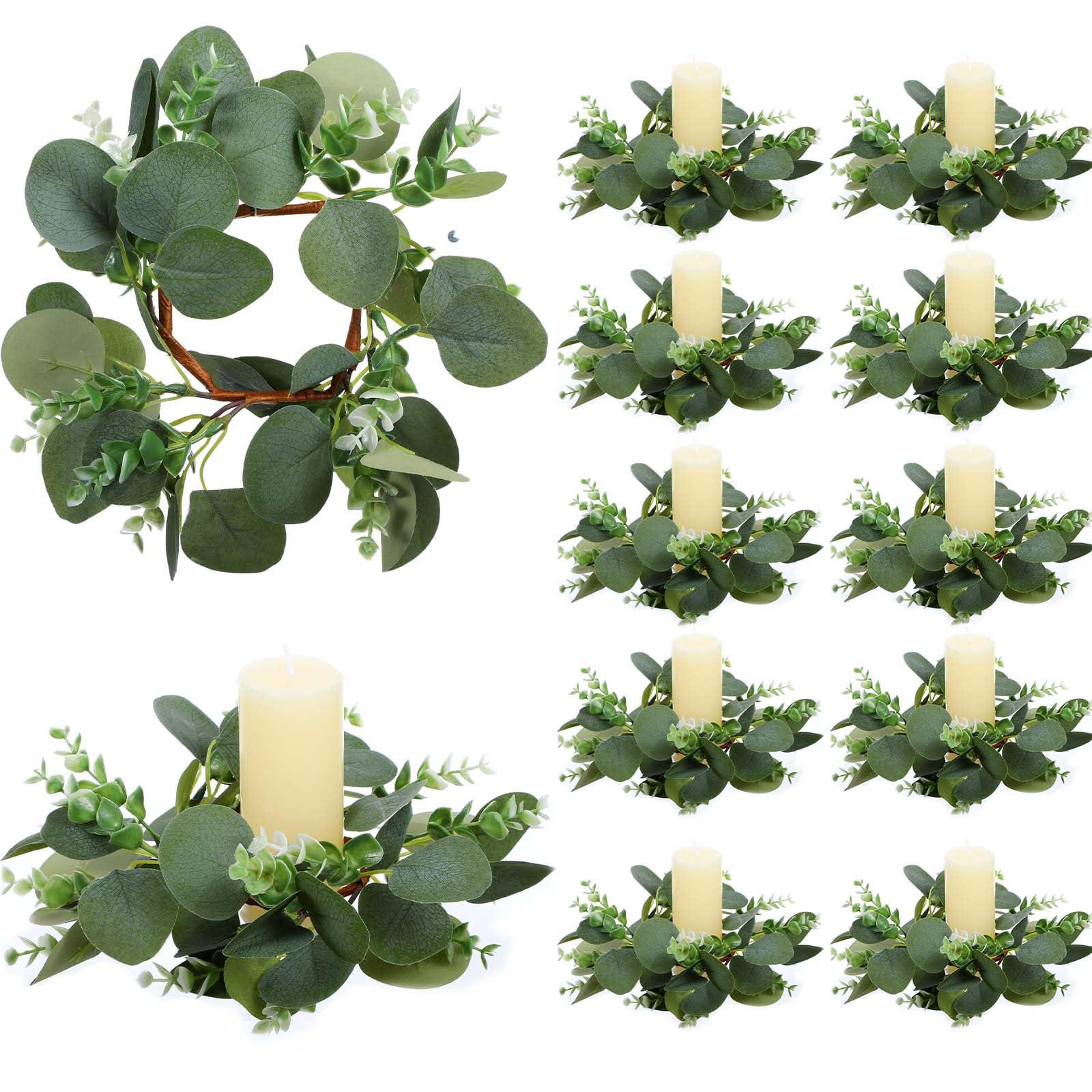 Photo 1 of 10 Pcs Candle Rings Eucalyptus Wreath, 9.8 Inch Green Artificial Eucalyptus Leaves Wreaths Candle Wreath Rings for Wedding Home Door Window Wall Tabletop Indoor Wreaths Decorating