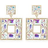 Canboer Rhinestone Square Statement Dangle Earrings Trendy Crystal Geometric Drop Earrings Hypoallergenic Jewelry for Women Party