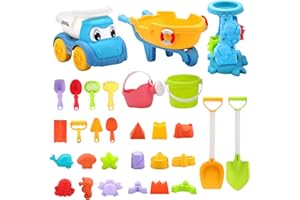 LONHEO 30Pcs Beach Toys for Kids Toddlers, Travel Sand Toys Set with Beach Buggy, Hourglass, Yacht Trolley, Shovel, Sand Castle Toys Kit, Marine Animal Molds, Sandbox Toys for Boys Girls Age 1 2 3 4 5 6