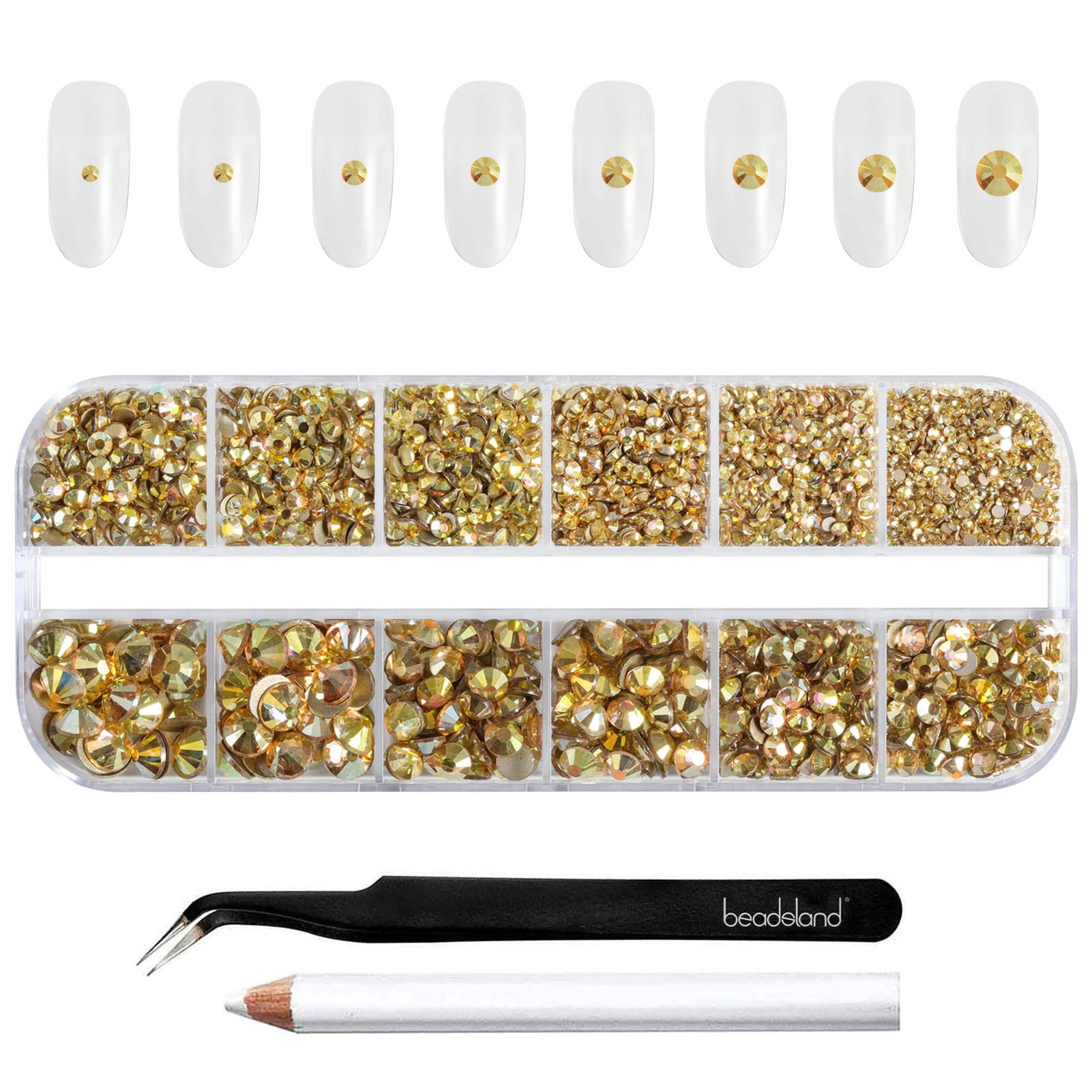 Beadsland Rhinestones for Makeup,8 Sizes 2500pcs Gold Flatback Rhinestones Face Gems for Nails Crafts with Tweezers and Wax Pencil,Metal Sunlight,SS4-SS30 — image 1