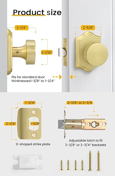 GOLDENWARM GOLD PASSAGE DOOR KNOBS, ZINC-ALLOY HEAVY DUTY CLOSET DOOR KNOBS, BRUSHED GOLD DOOR KNOB FOR HALLWAYS CLOSETS (6 PACK)