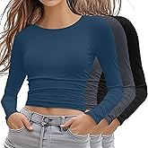 Ficerd 3 Pack Women's Crop Basic Tops, Long Sleeve Y2K Cropped Shirts Crew Neck Slim Fit T Shirts Fitted Going Out Tee