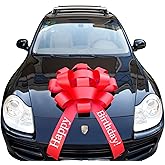 30" Giant Car Bow - Big Gift Wrapping Bow with Non Scratch Magnet Base for Large Gift Decoration, Weather Resistant and Waterproof Vinyl Magnetic Big Car Bow (Red-Happy Birthday)