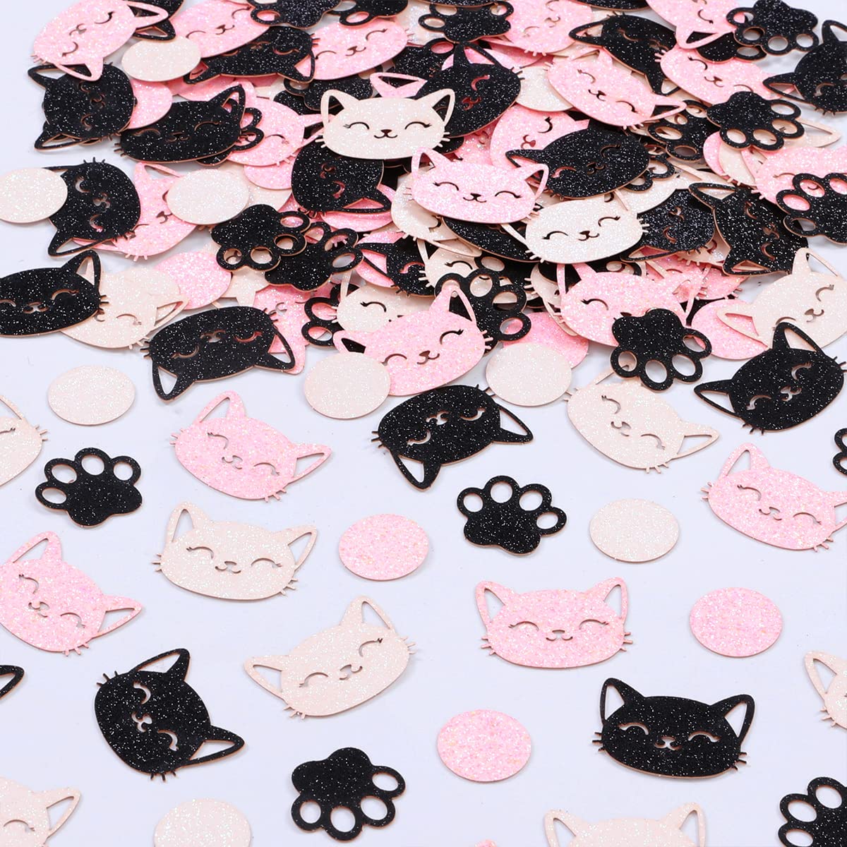 Sursurprise Kitten Confetti, 200 Pack Pink Black and White Glitter Cat Circle Dot Paw Table Scatter for Cat Themed Party Decorations