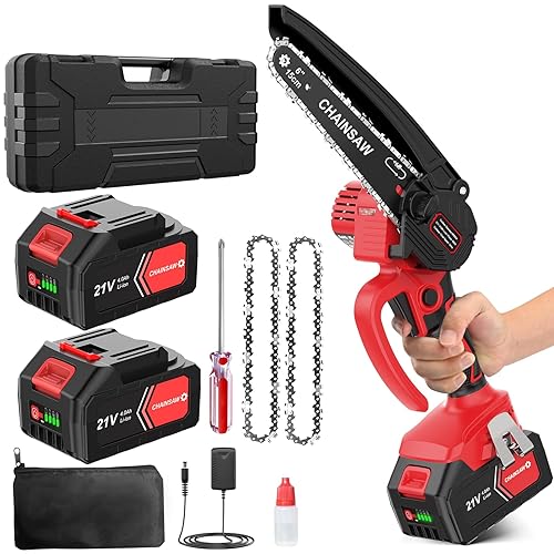 Mini Chainsaw Cordless 6 Inch, 2025 Powerful Electric Saw BatteryChainsaw with 2 Batteries 4000mAh and 2 Super Chains, Electric Chainsaw for Tree Branches and Garden Cutting