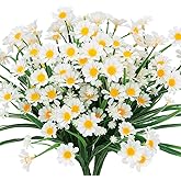 TEMCHY 8 Bundles Artificial Daisies Flowers Outdoor UV Resistant Fake Foliage Greenery Faux Plants Shrubs Plastic Bushes for Window Box Hanging Planter Farmhouse Indoor Outside Decor(White)