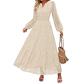 ZESICA Women's 2026 Spring Long Sleeve Maxi Dress V Neck Hollow Out Eyelet A Line Long Flowy Casual Party Dresses