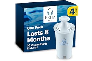 Brita Plus Water Filter, BPA-Free, High-Density Replacement Filter for Pitchers and Dispensers, Reduces 2x Contaminants*, Lasts Two Months or 40 Gallons, Includes 4 Filters