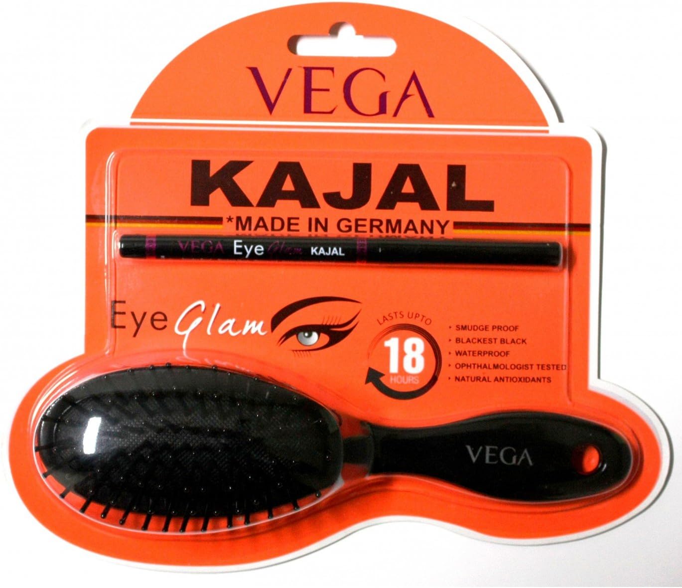 Combo of Vega Eye Glam Kajal - Waterproof smudge proof + Vega Hair Brush R3-CB