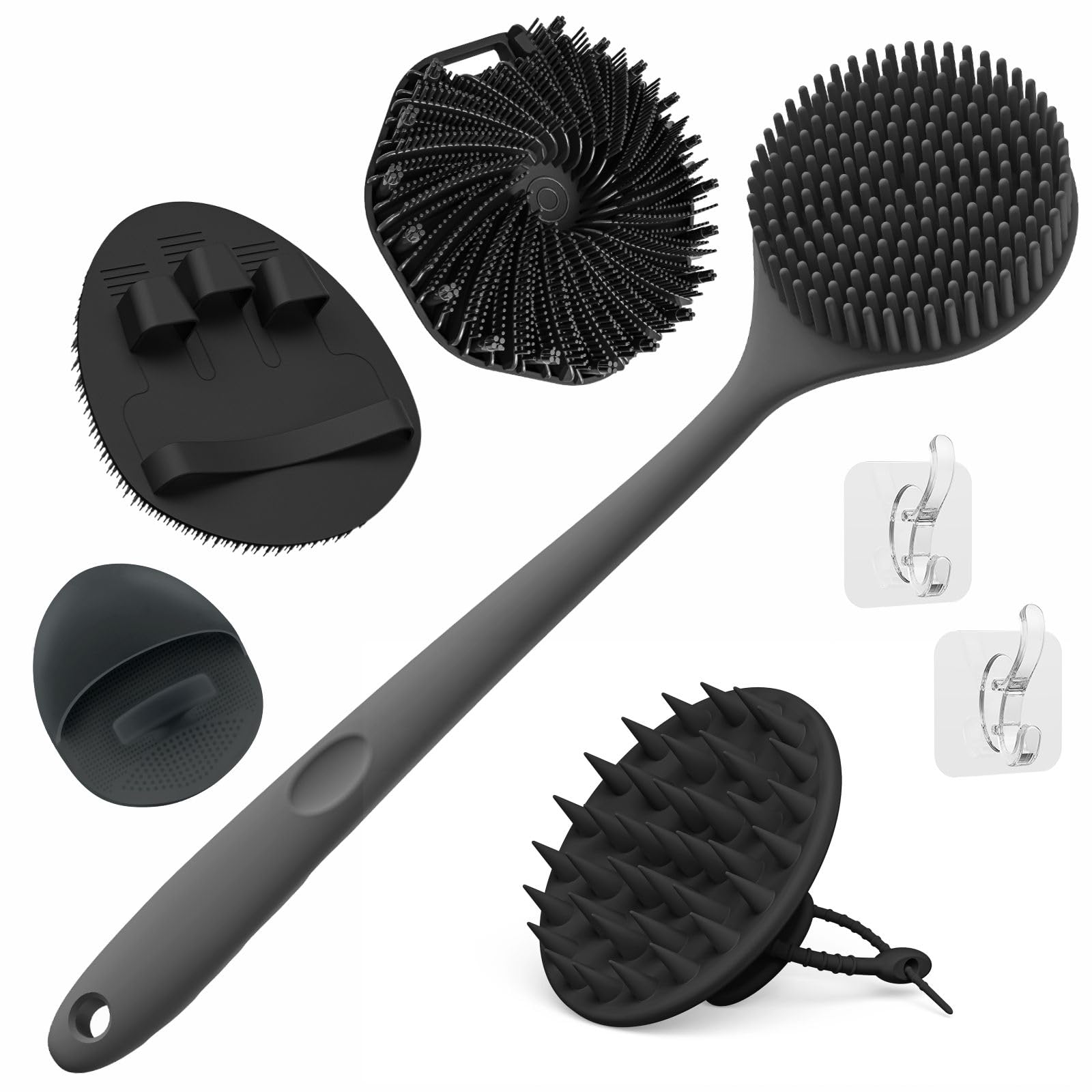 Photo 1 of Manmihealth Silicone Back Scrubber & Soft Bath Glove, Silicone Scalp Massager Set 5 PCS, Super-Exfoliating Body Scrubber Shower Brush & Shampoo Brush Combination, with 2 Free Hooks (Style 1 Black)