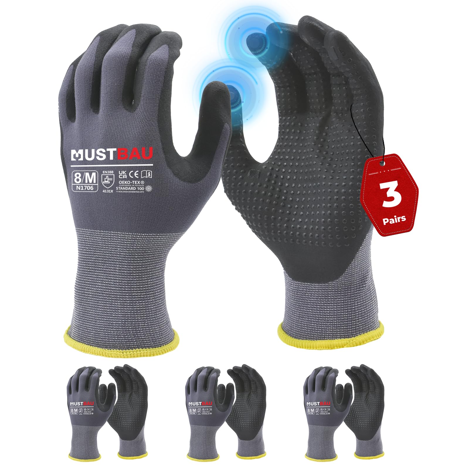 Mustbau 3 Pairs Safety Work Gloves Breathable Nitrile Coated Gloves,Knit Nylon Protective Gloves,Abrasion,Dexterity, Touch Screen, for Most Kinds of Jobs-M