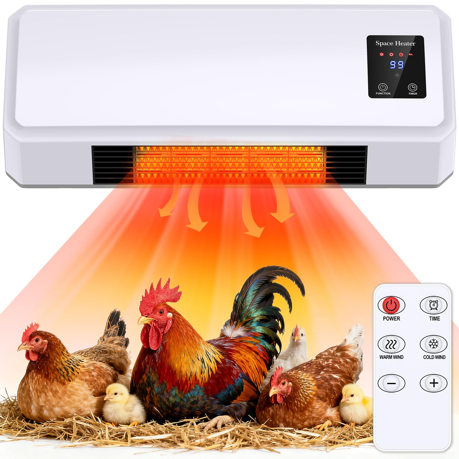 Photo 1 of 1500W Chicken Coop Heater for Winter, 2 Mode Wall-Mounted Chicken Coop Heater with Thermostat, Timer & Remote Control, 3S Fast Heating & LCD Display, Heat Warmer for Chickens, Ducks, Geese in Winter