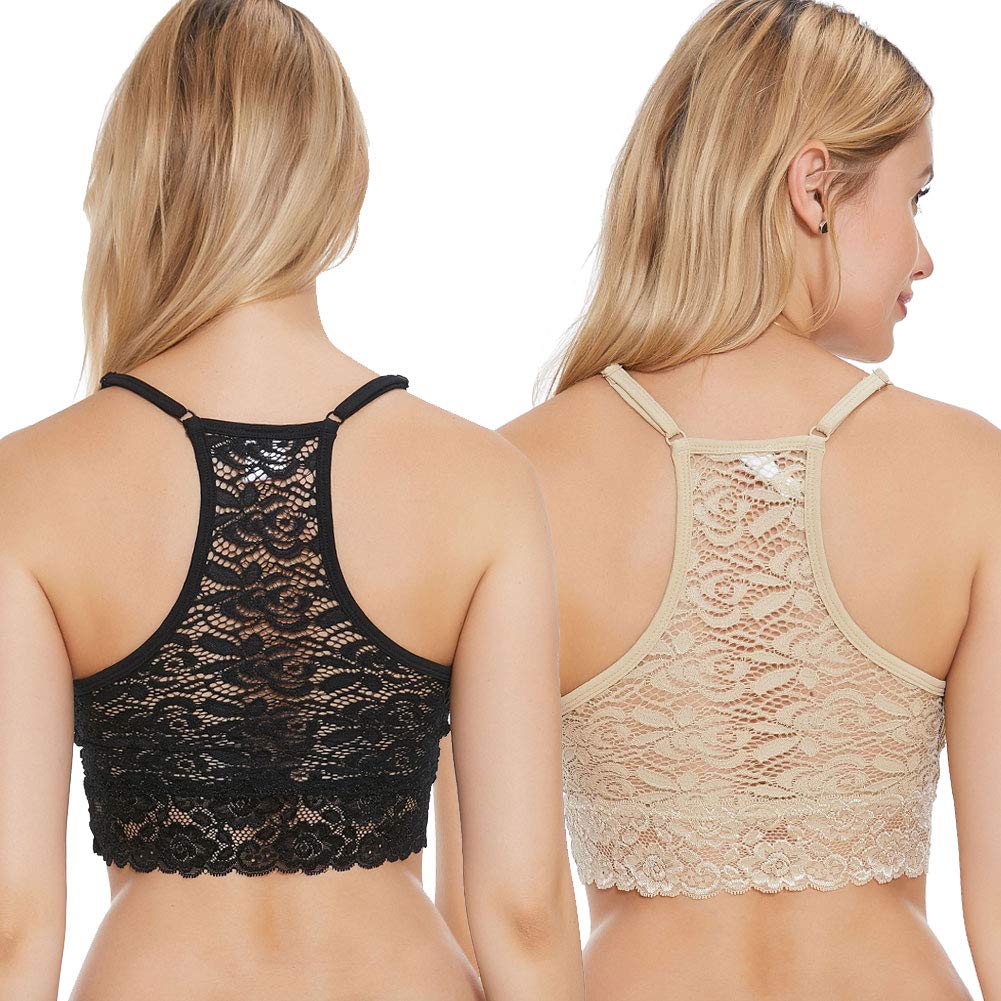 JOJOANS Ultra-Light and Breathable Lace Bra 2 Pack for Women (Black/Nude,L)