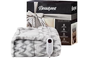 Beautyrest Long Brushed Faux Fur Chevron Pattern Electric Blanket, Auto Shut Off, Virtually Zero EMF, Multi Heat Setting, UL Certified, Machine Washable, Grey Throw 50x60