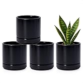D'vine Dev Set of 4 Small Ceramic Plant Pots, 4.7 Inch Succulent Planter Pot for Plants with Drainage Hole and Saucer, Black, 94-X-B-2