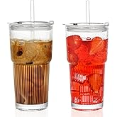 2 Pack 20 Oz Glass Cups with Lids and Straws Glass Iced Coffee Cups with Lids Vintage Ribbed Glass Tumbler for Beer Ice Coffee Fruit Juice Elegant Aesthetic Cup Glassware Include 1 Cleaning Brushes