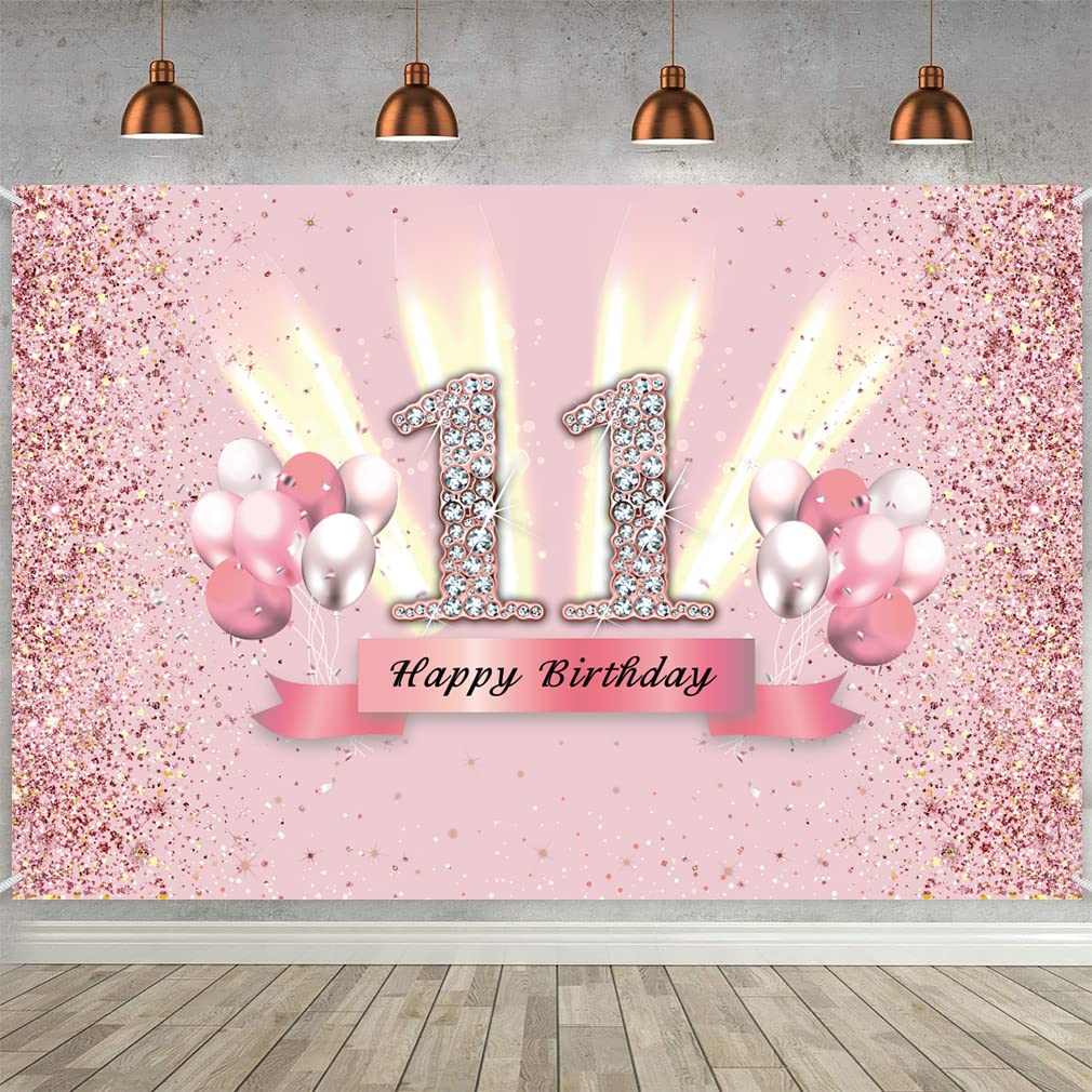 Rose Gold 11th Birthday Banner & Decoration - Girl's Party Banner, Fabric Sign Poster, Glitter Pink