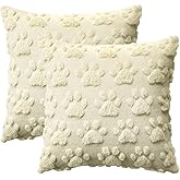AVOIN colorlife Spring Pet Dog Paws Beige Throw Pillow Covers, 18 x 18 Inch Soft Plush Faux Fur Jacquard Cushion Case Farmhouse Decoration for Sofa Couch Set of 2