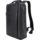 Masa Kawa Slim Genuine Leather Business Backpack 15.6" Laptop Bag for Men Women Office Work Travel Small Thin Computer Casual Daypack, Black