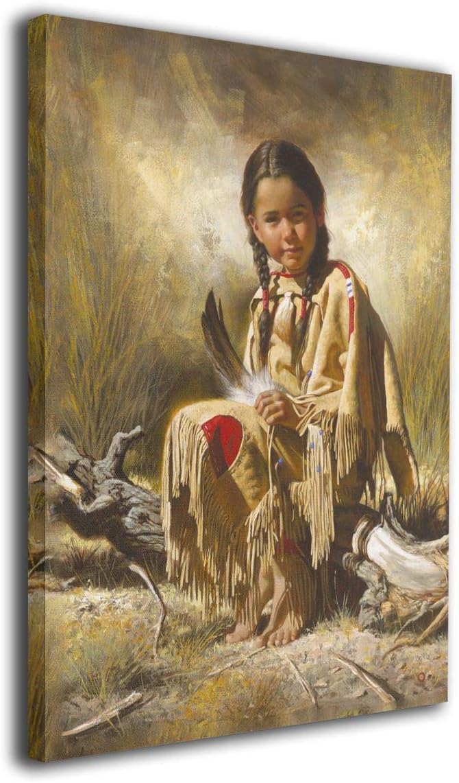 Okoart Canvas Wall Art Prints Indian Native American Girl Smiling -Photo Paintings Contemporary Decorative Giclee Artwork Wall Decor-Wood Frame Gallery Stretched 12"x16"
