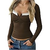 SweatyRocks Women's Y2K Long Sleeve Button Ruched Lace Trim T Shirt Square Neck Slim Fit Henley Tee Crop Top